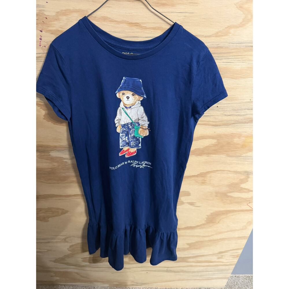 Polo Ralph Lauren Girls Dress 8/10 Teddy Bear Ruffle Navy‎